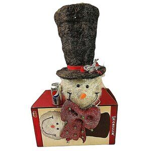Christmas Snowman Tree Topper Woven Fibers LED Lit 19” With Red Bow Pre-Owned